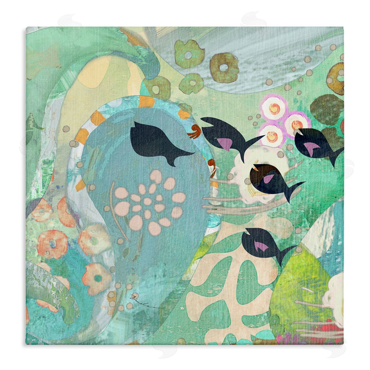 Evelia Designs Green Patterned Fish Collage Stretched Canvas Wall Art Print