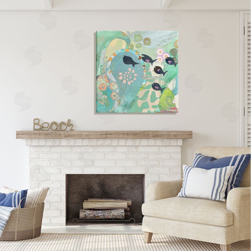 Evelia Designs Green Patterned Fish Collage Canvas Wall Art in Room