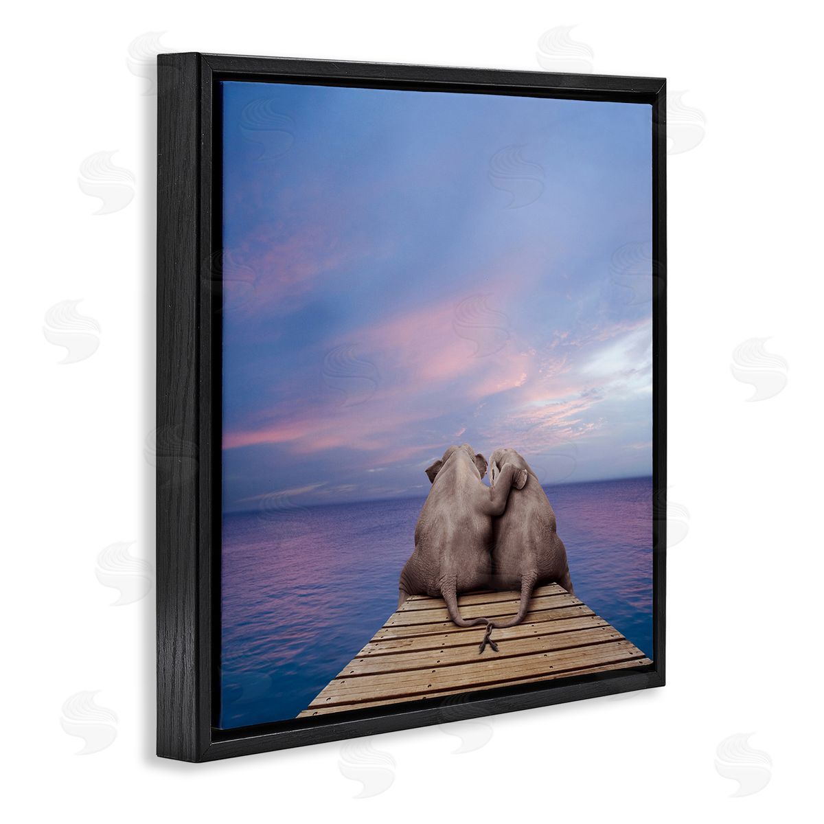 Lund Roeser Elephants Cuddling on Dock Black Floating Frame Canvas Wall Art Print