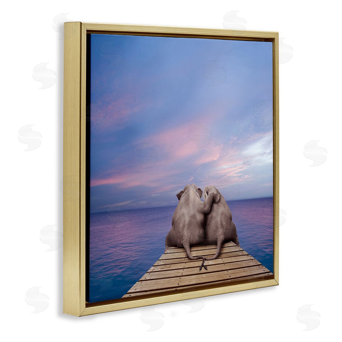 Lund Roeser Elephants Cuddling on Dock Gold Floating Frame Canvas Wall Art Print