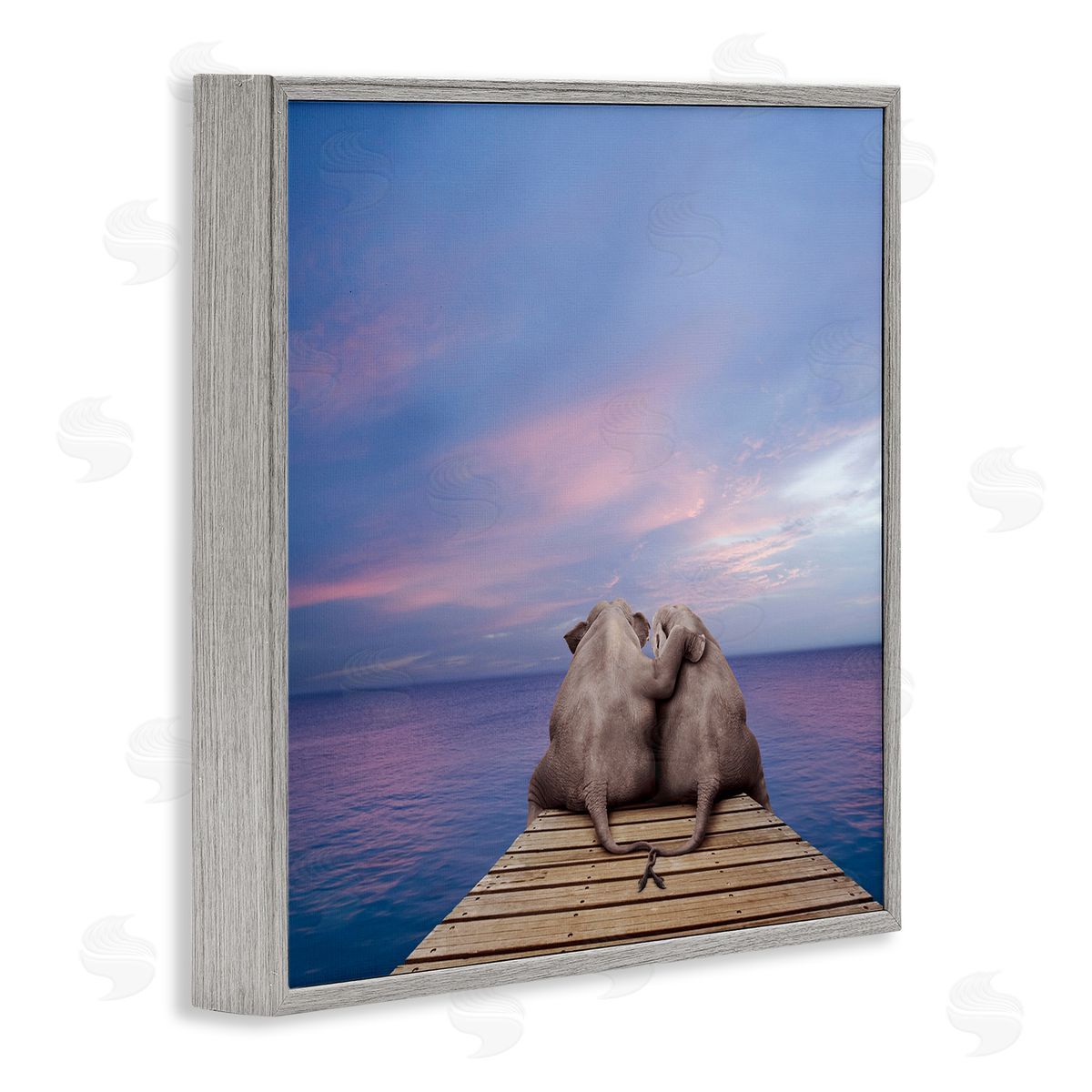 Lund Roeser Elephants Cuddling on Dock Gray Framed Glicee Wall Art Print