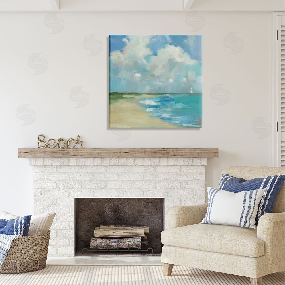Liz Jardine Cloudy Beach Scenery Canvas Wall Art in Room