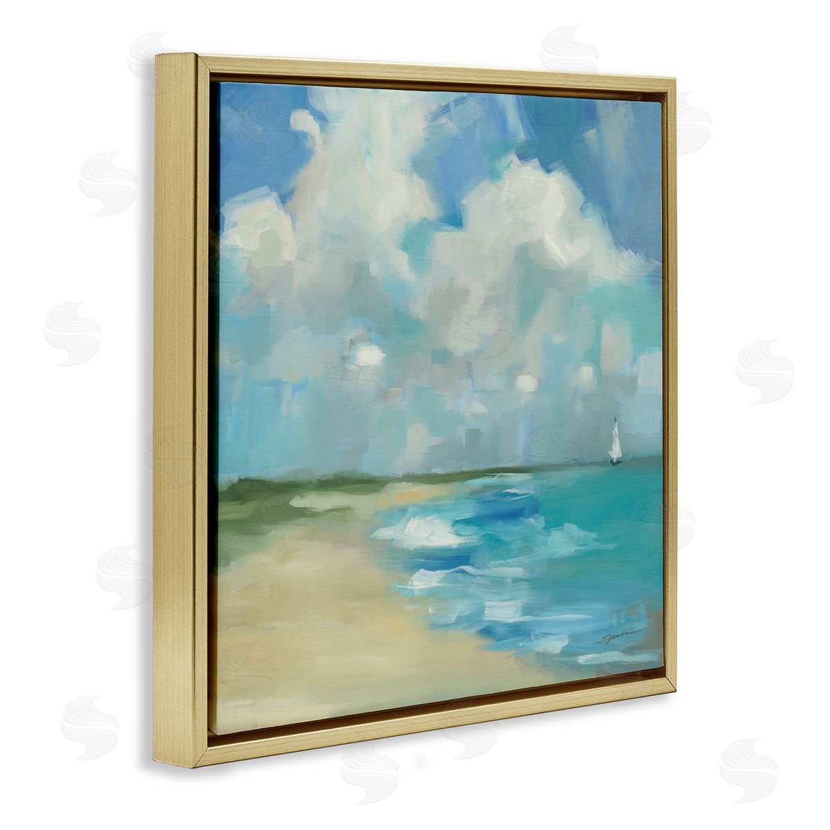 Liz Jardine Cloudy Beach Scenery Gold Floating Frame Canvas Wall Art Print