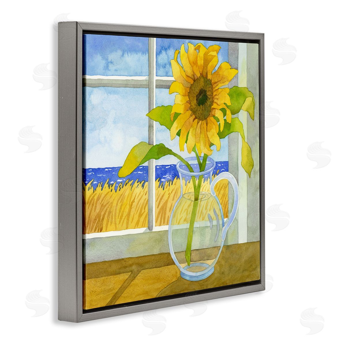 Robin Altman Sunflower in Coastal Window Gray Floating Frame Canvas Wall Art Print