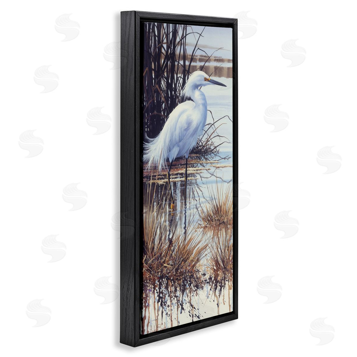 Luke Buck Egret with Modern Splash Black Floating Frame Canvas Wall Art Print