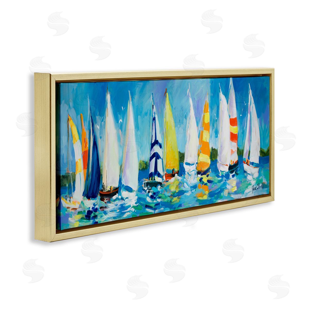 Regatta Sailboat Fleet Gold Floating Frame Canvas Wall Art, Home Decor by Jane Slivka