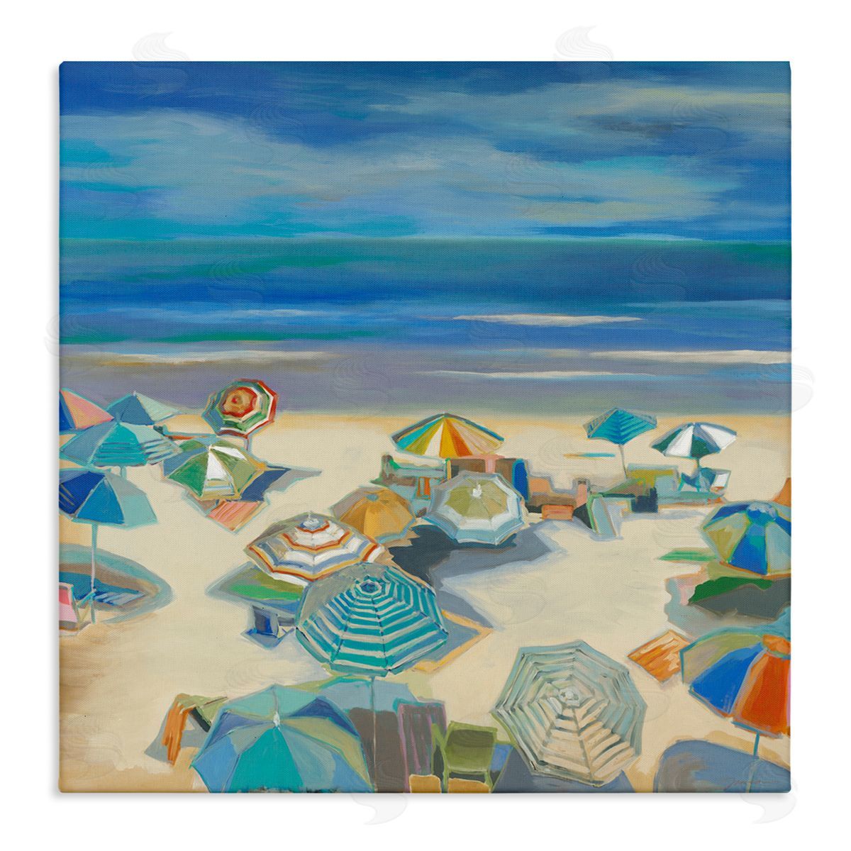 Liz Jardine Beach Umbrellas on Shore Stretched Canvas Wall Art Print