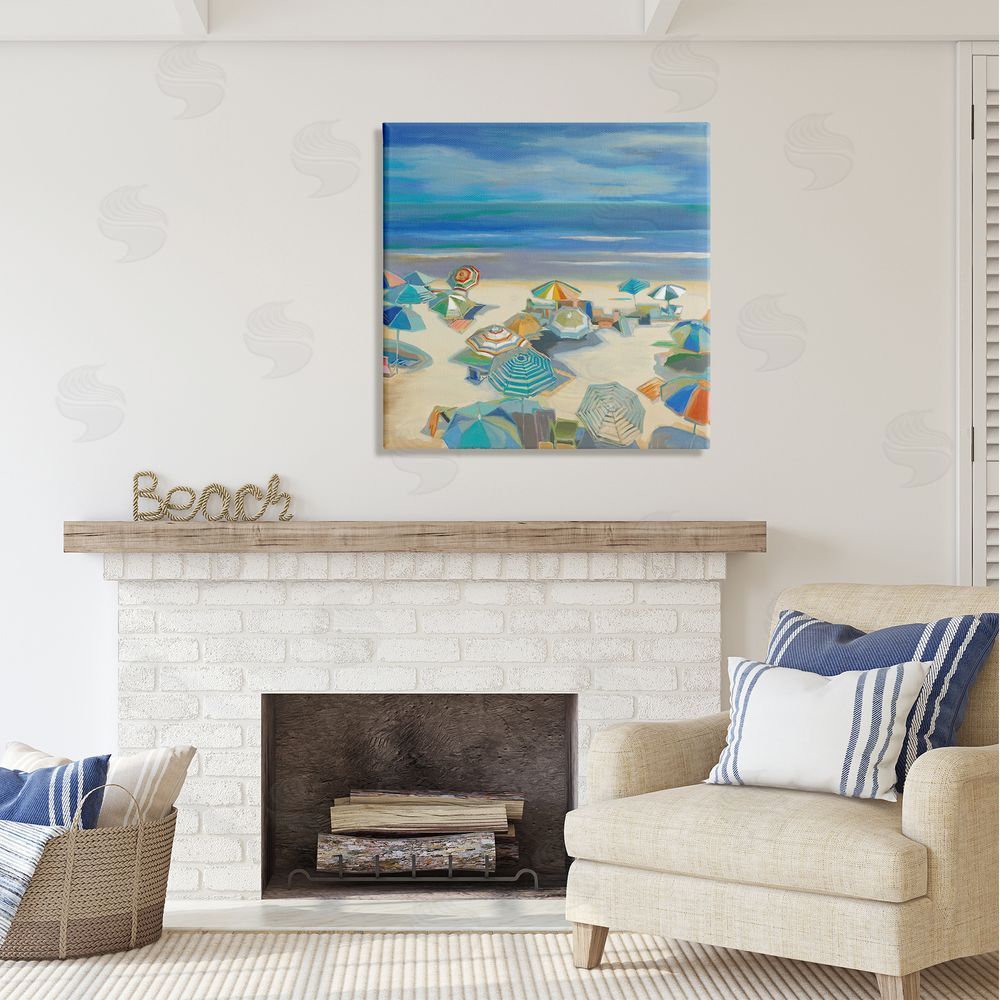 Liz Jardine Beach Umbrellas on Shore Canvas Wall Art in Room