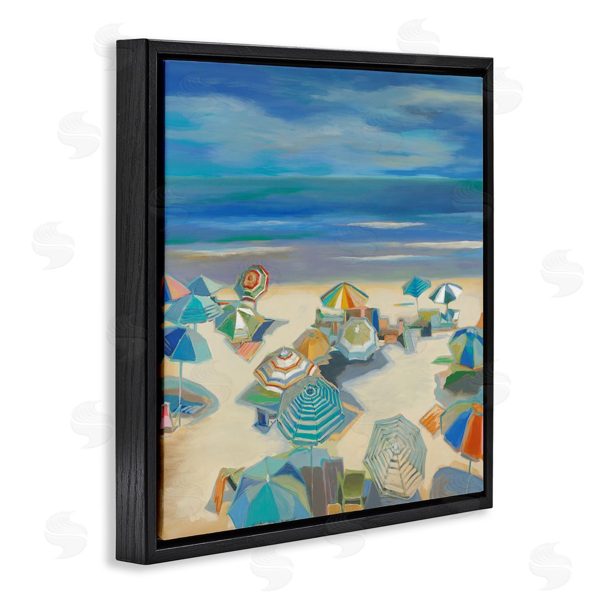 Liz Jardine Beach Umbrellas on Shore Black Floating Frame Canvas Wall Art Print