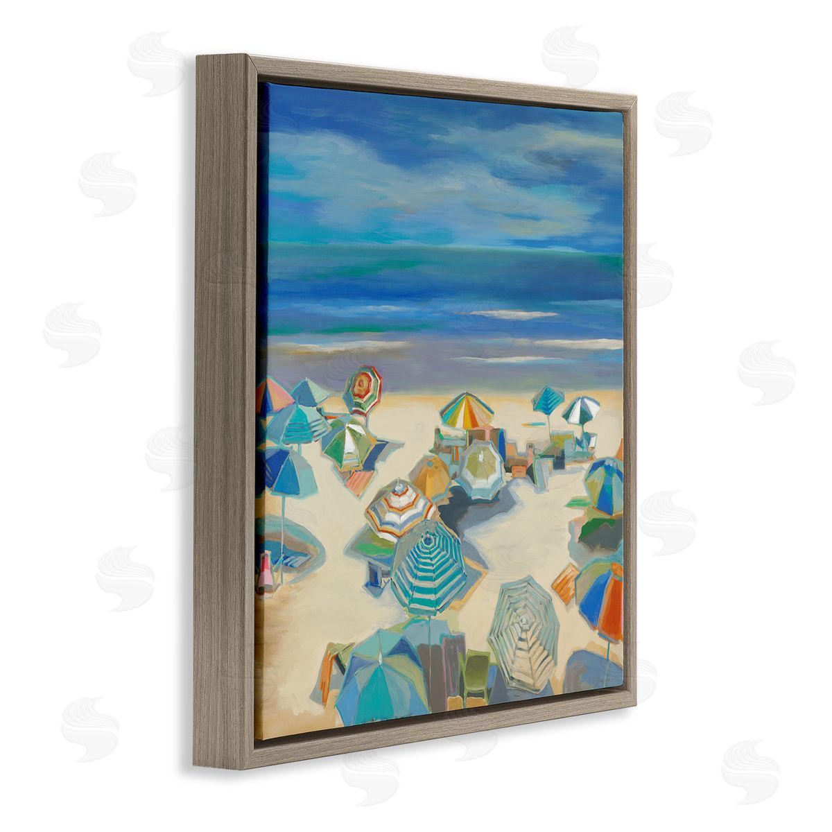 Liz Jardine Beach Umbrellas on Shore Brown Floating Frame Canvas Wall Art Print