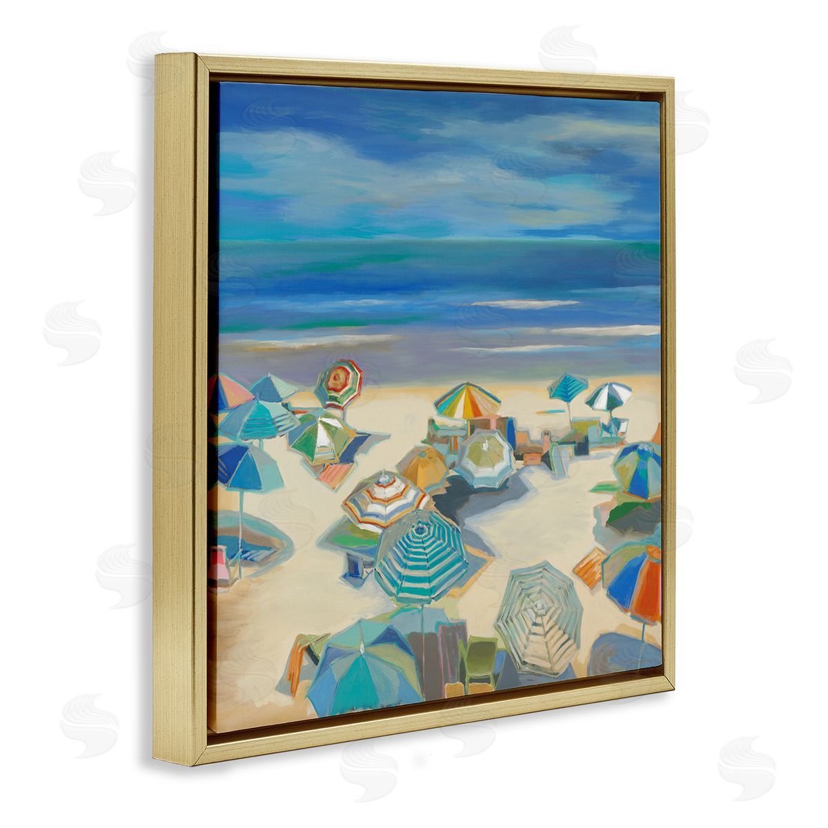 Liz Jardine Beach Umbrellas on Shore Gold Floating Frame Canvas Wall Art Print