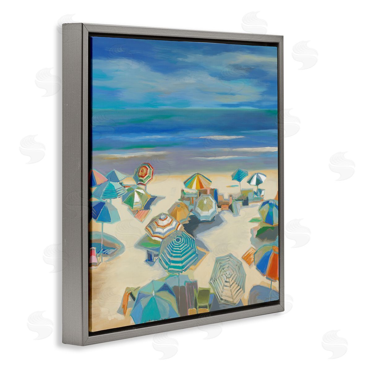 Liz Jardine Beach Umbrellas on Shore Gray Floating Frame Canvas Wall Art Print