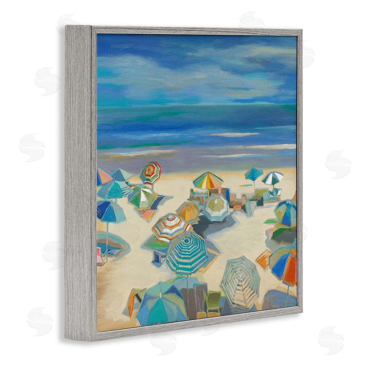 Liz Jardine Beach Umbrellas on Shore Gray Framed Glicee Wall Art Print