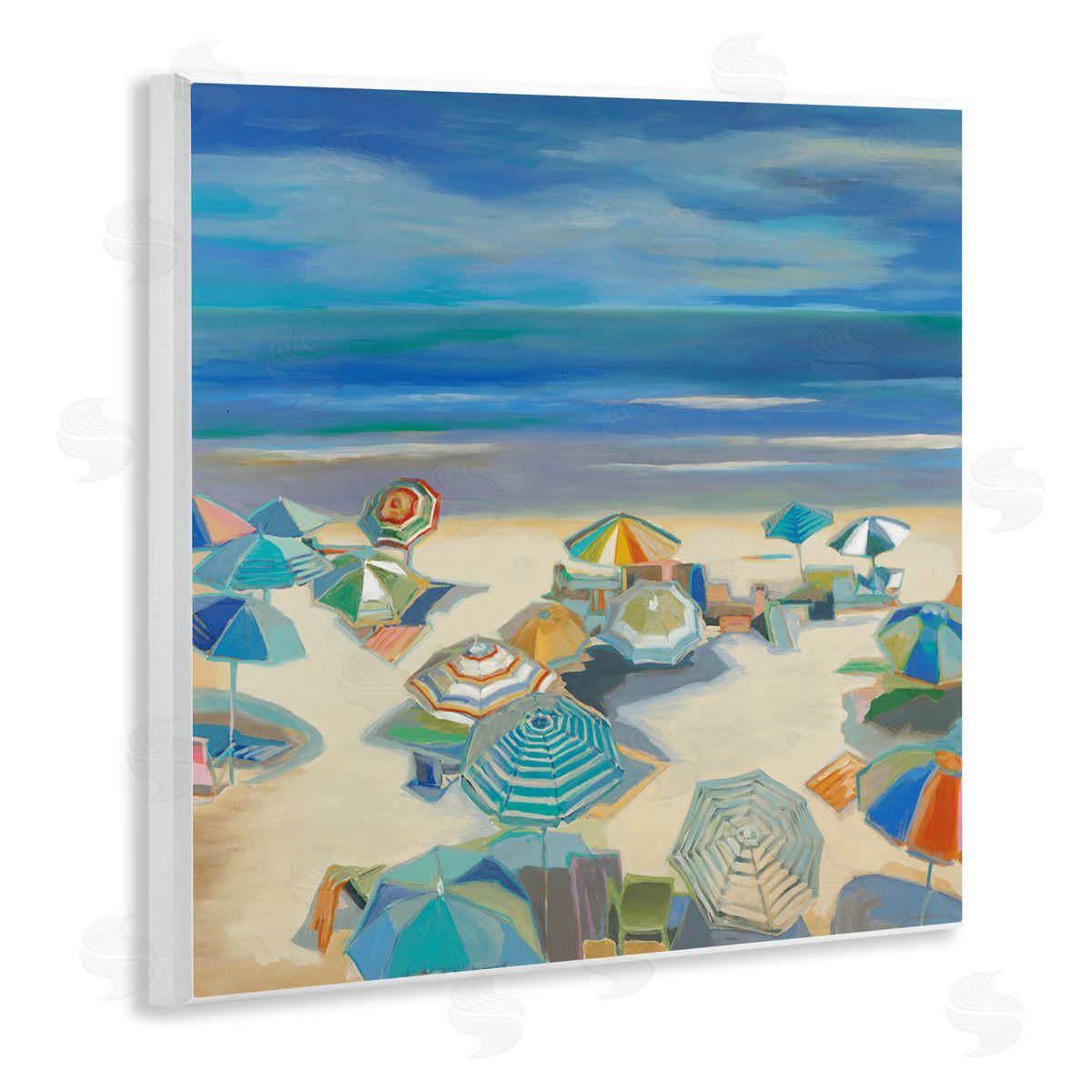 Liz Jardine Beach Umbrellas on Shore Wooden Wall Plaque Art Print