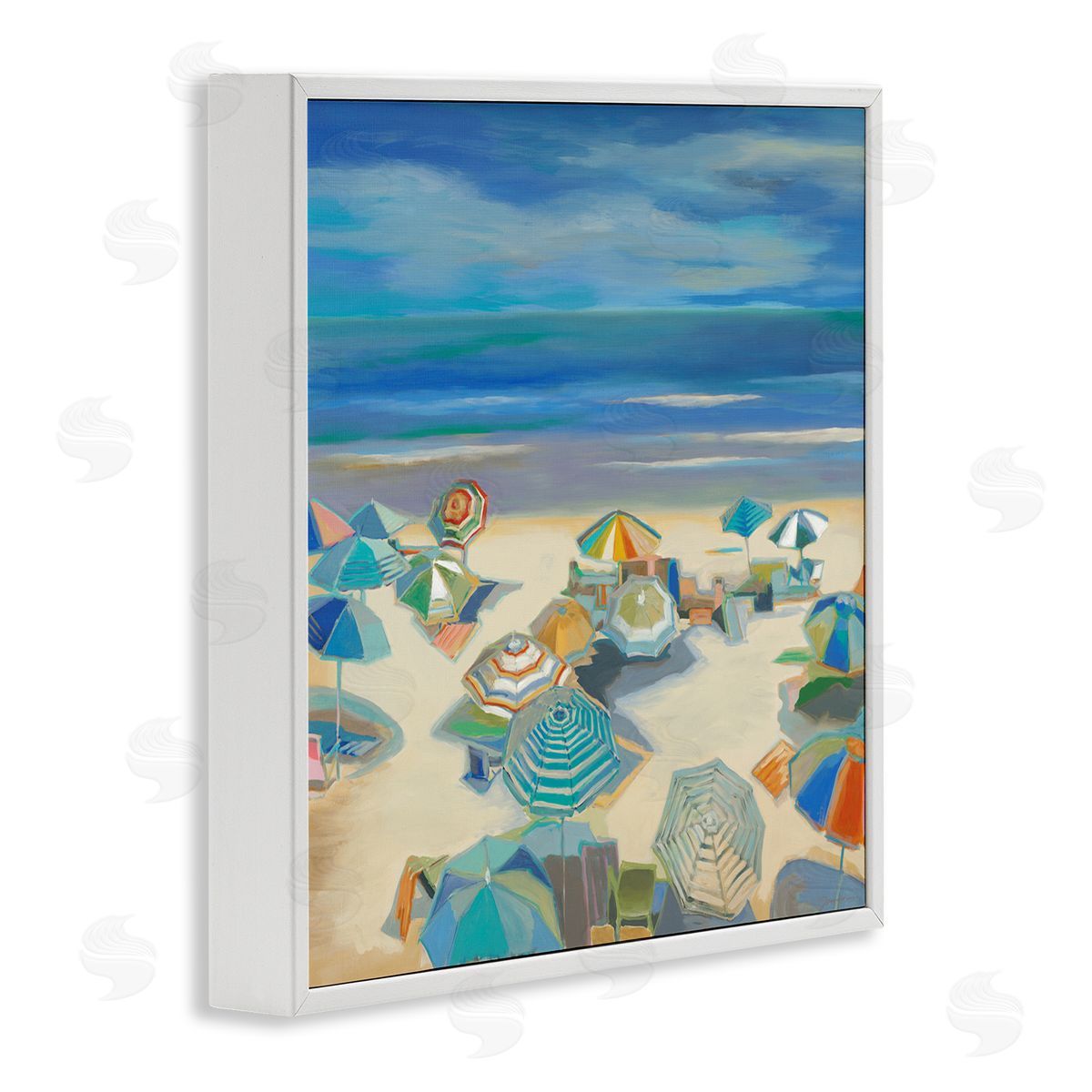 Liz Jardine Beach Umbrellas on Shore White Framed Glicee Wall Art Print