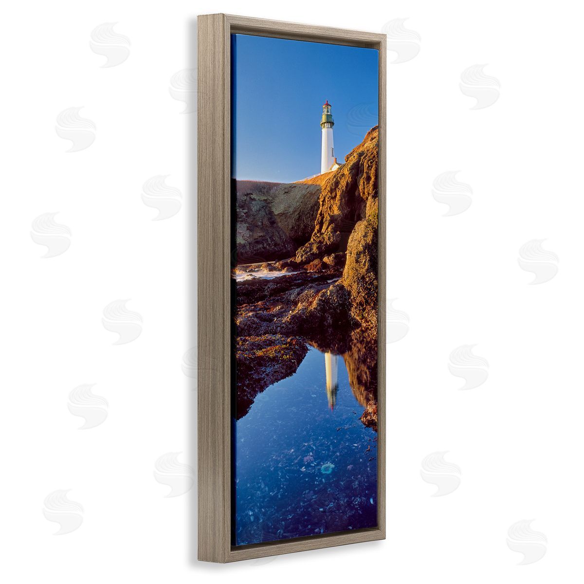 Dennis Frates Lighthouse Water Reflection Brown Floating Frame Canvas Wall Art Print