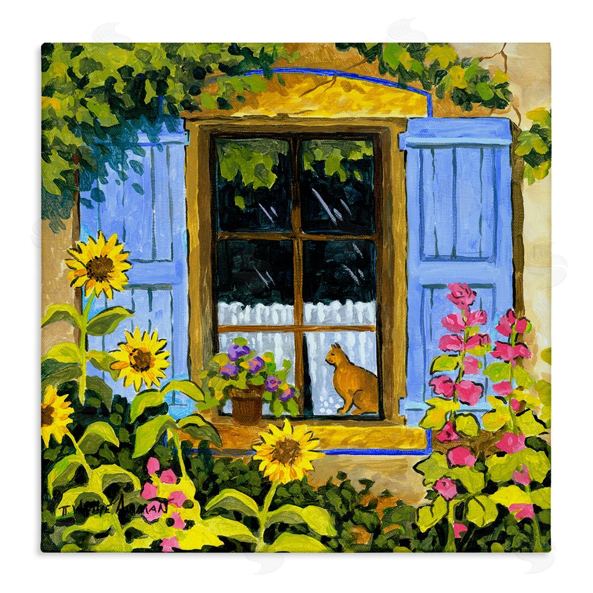 Robin Altman Cat in Garden Window Stretched Canvas Wall Art Print