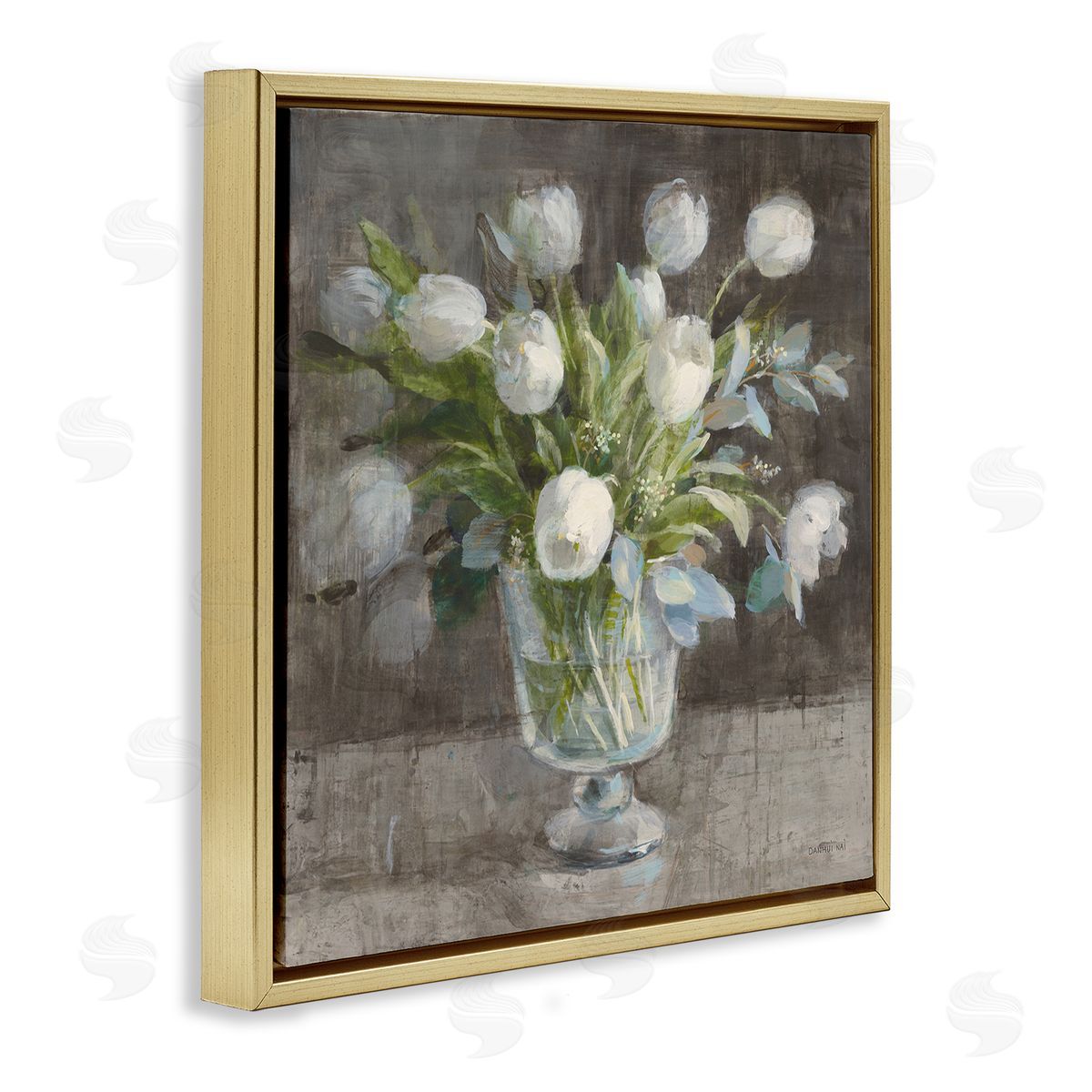 Danhui Nai Rustic White Tulip Vase Gold Floating Frame Canvas Wall Art Print