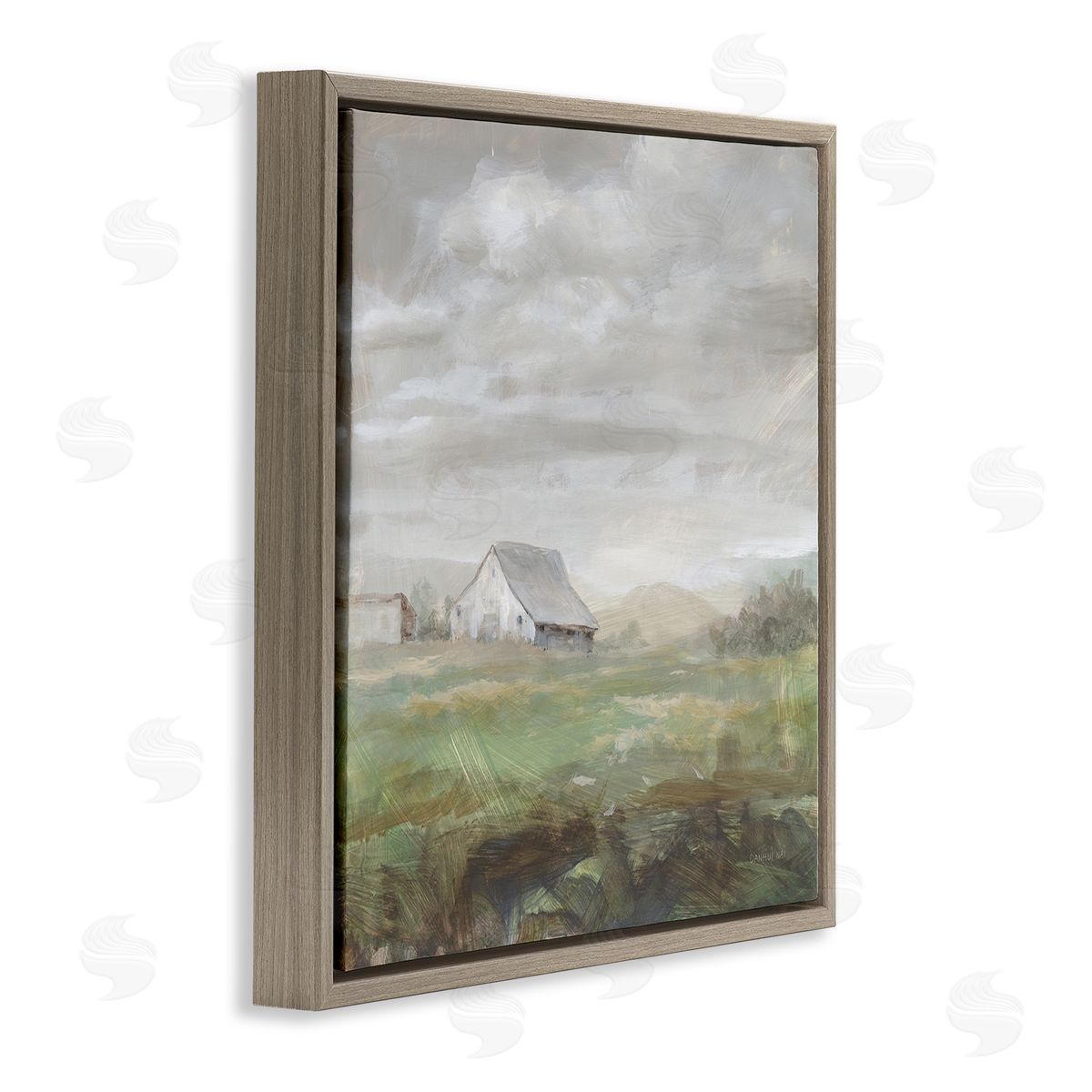 Danhui Nai Grey Farm Landscape Brown Floating Frame Canvas Wall Art Print