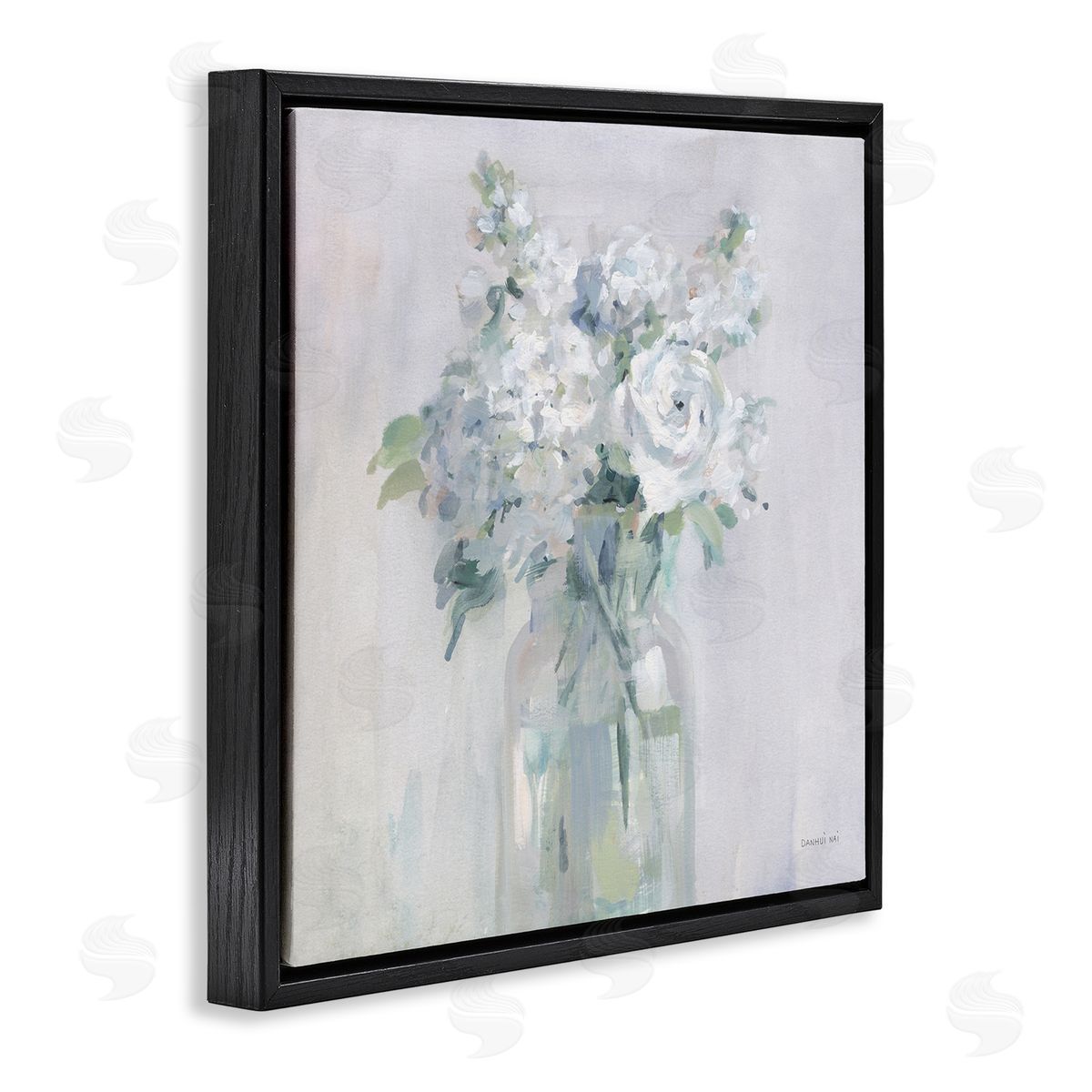 White Abstract Bouquet Black Floating Frame Canvas Wall Art, Home Decor by Danhui Nai