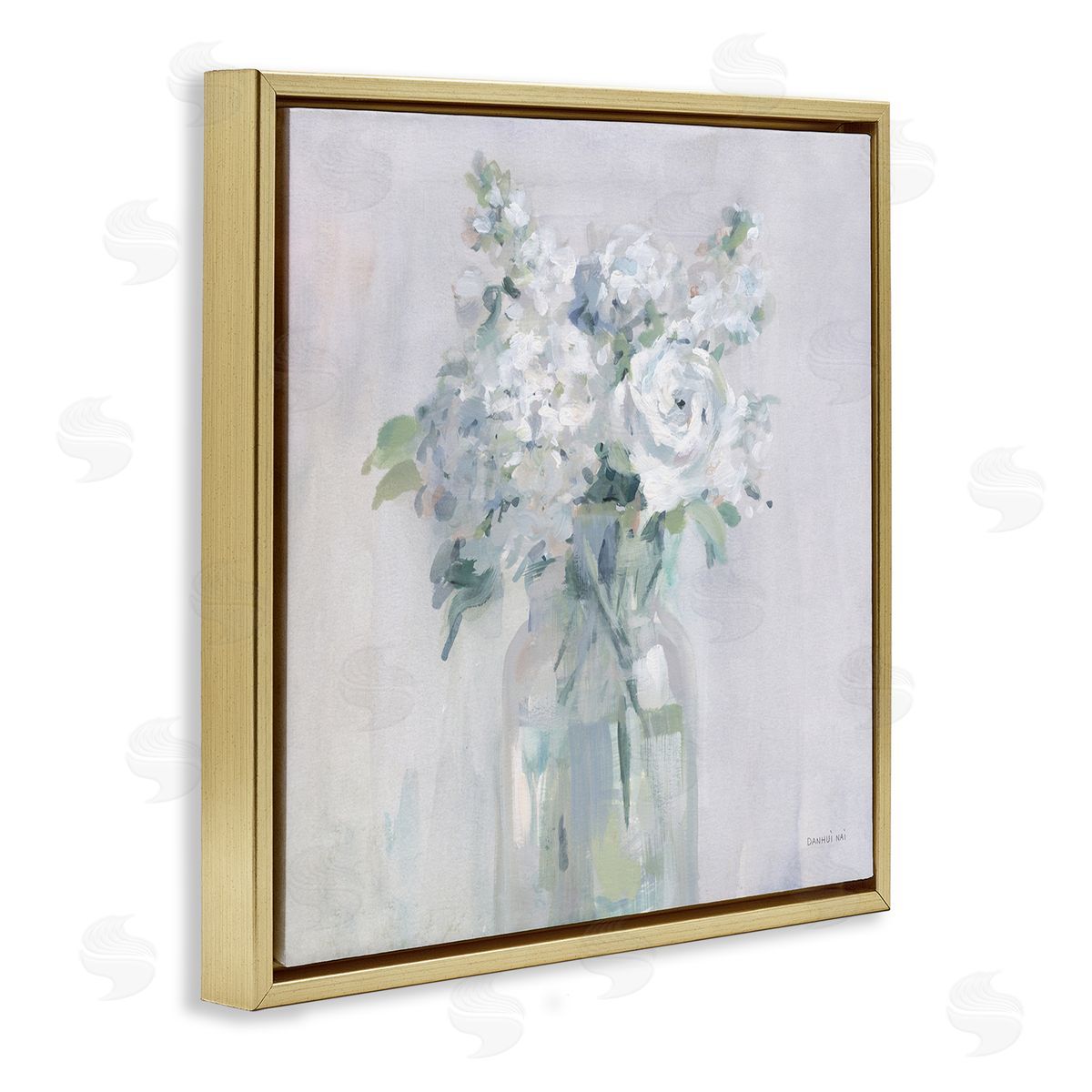 White Abstract Bouquet Gold Floating Frame Canvas Wall Art, Home Decor by Danhui Nai