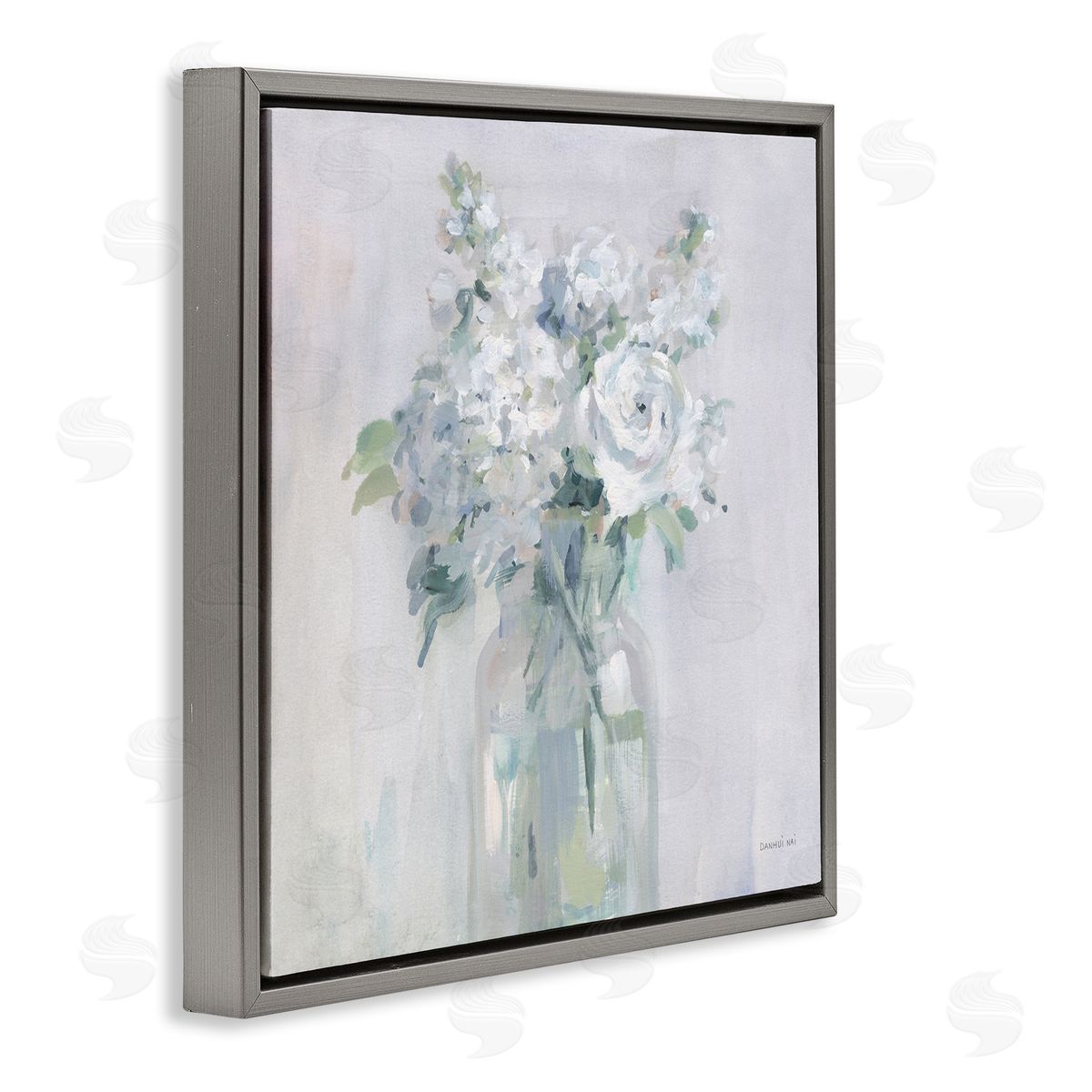 White Abstract Bouquet Grey Floating Frame Canvas Wall Art, Home Decor by Danhui Nai