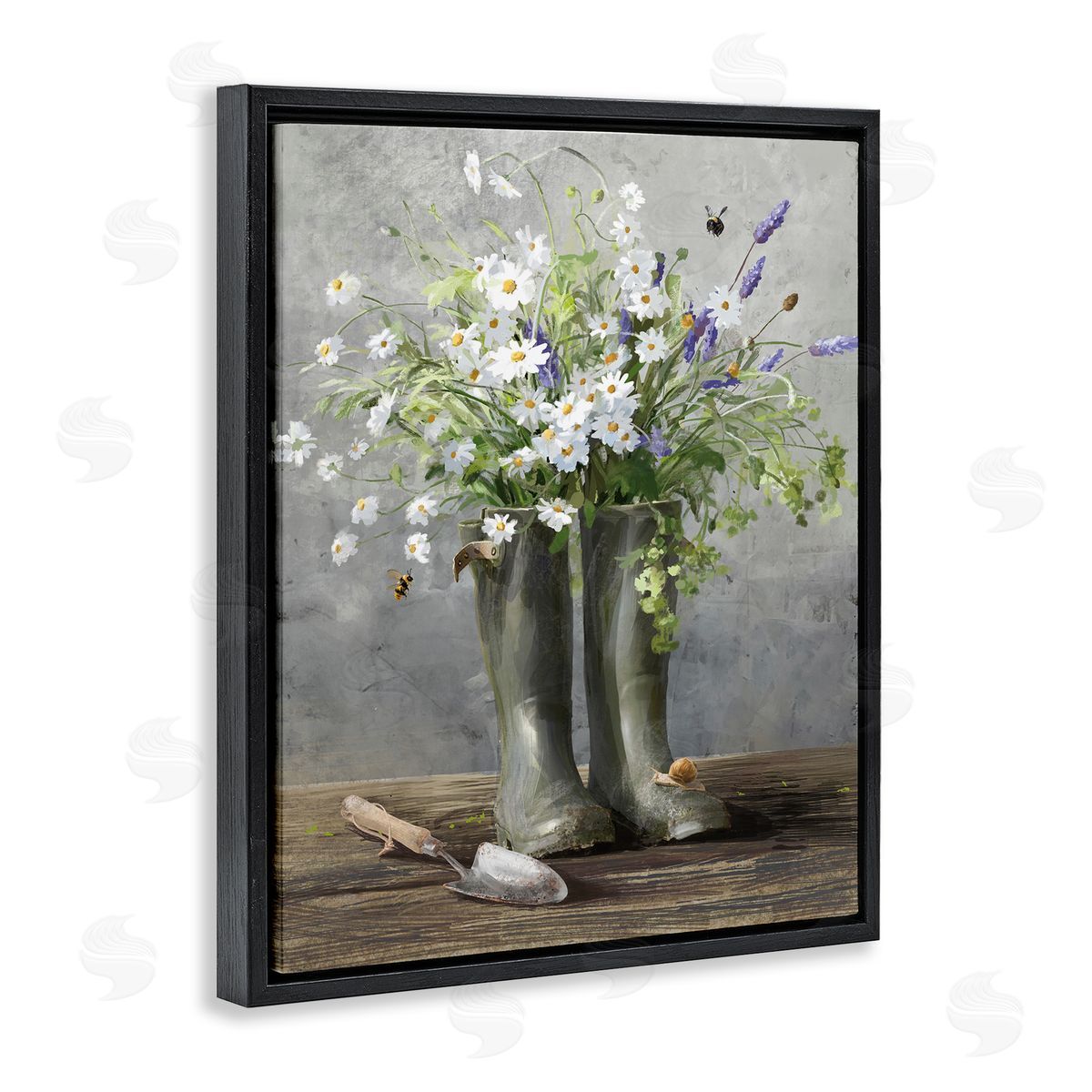 Gardening Boots Bouquet Black Floating Frame Canvas Wall Art, Home Decor by Danhui Nai