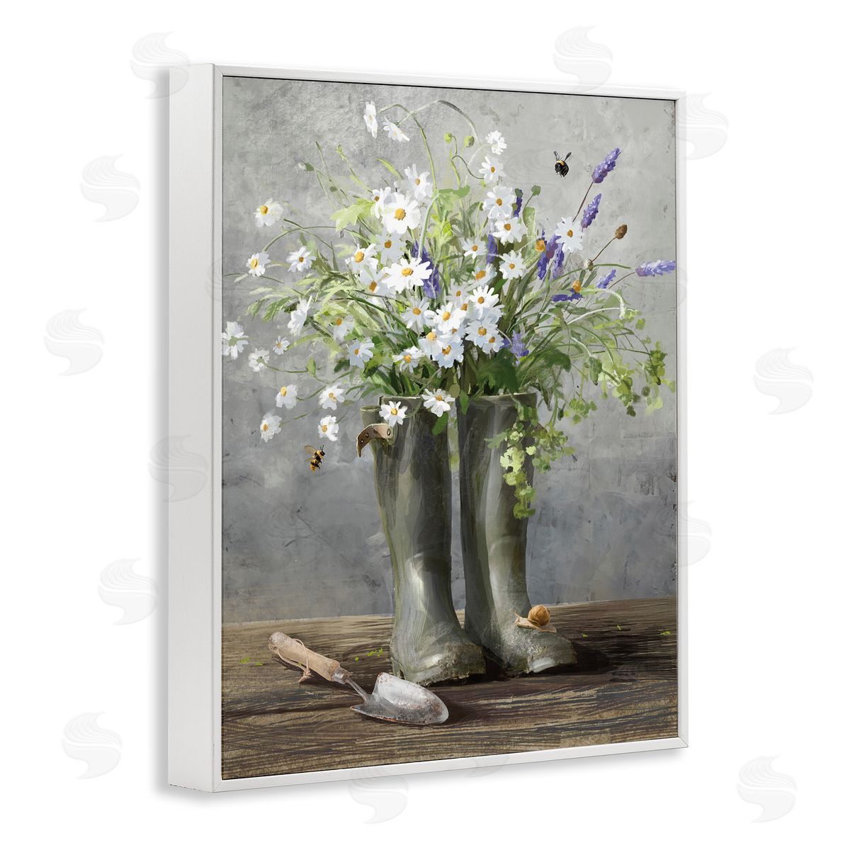 Gardening Boots Bouquet White Frame Print Wall Art, Home Decor by Danhui Nai