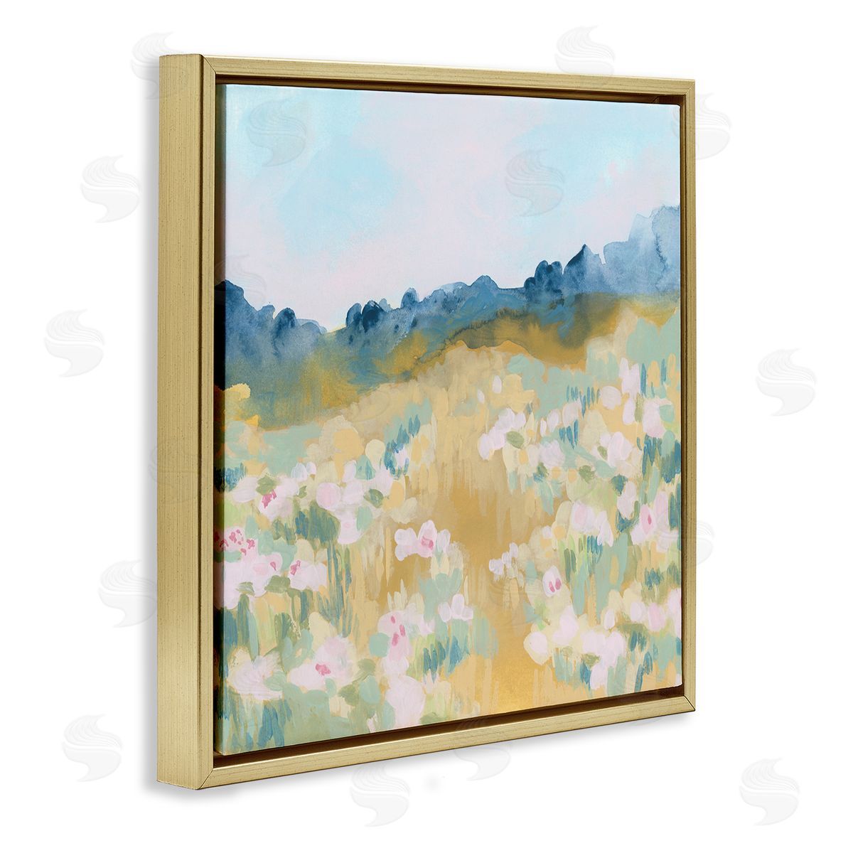 June Erica Vess Modern Pink Flower Meadow Gold Floating Frame Canvas Wall Art Print