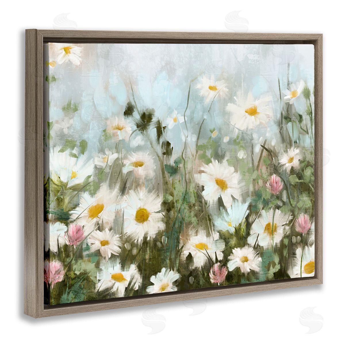 Daisy Field Painting Brown Floating Frame Canvas Wall Art, Home Decor by Nina Blue