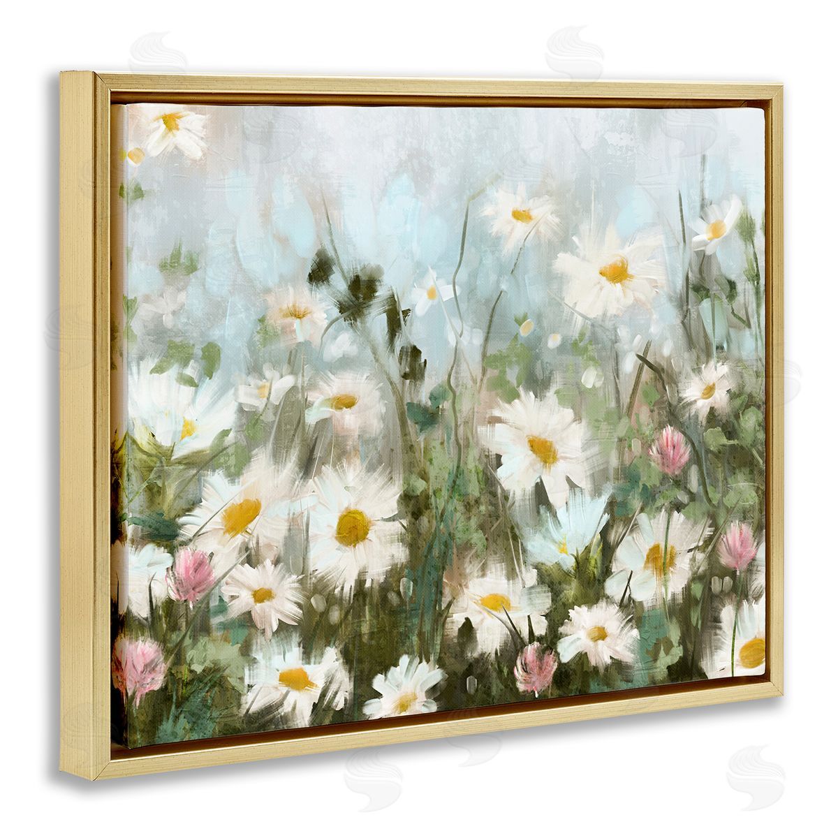 Daisy Field Painting Gold Floating Frame Canvas Wall Art, Home Decor by Nina Blue