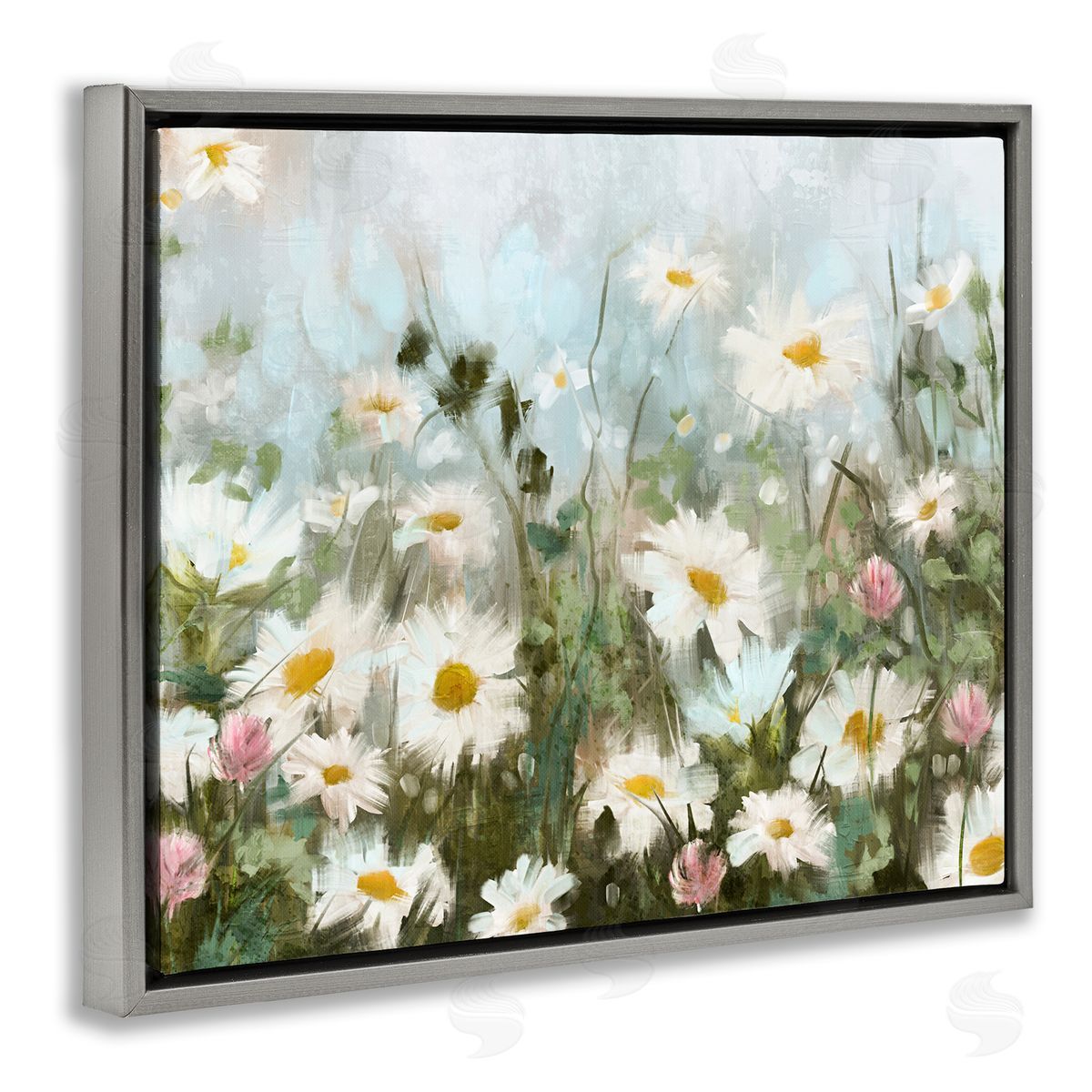 Daisy Field Painting Grey Floating Frame Canvas Wall Art, Home Decor by Nina Blue