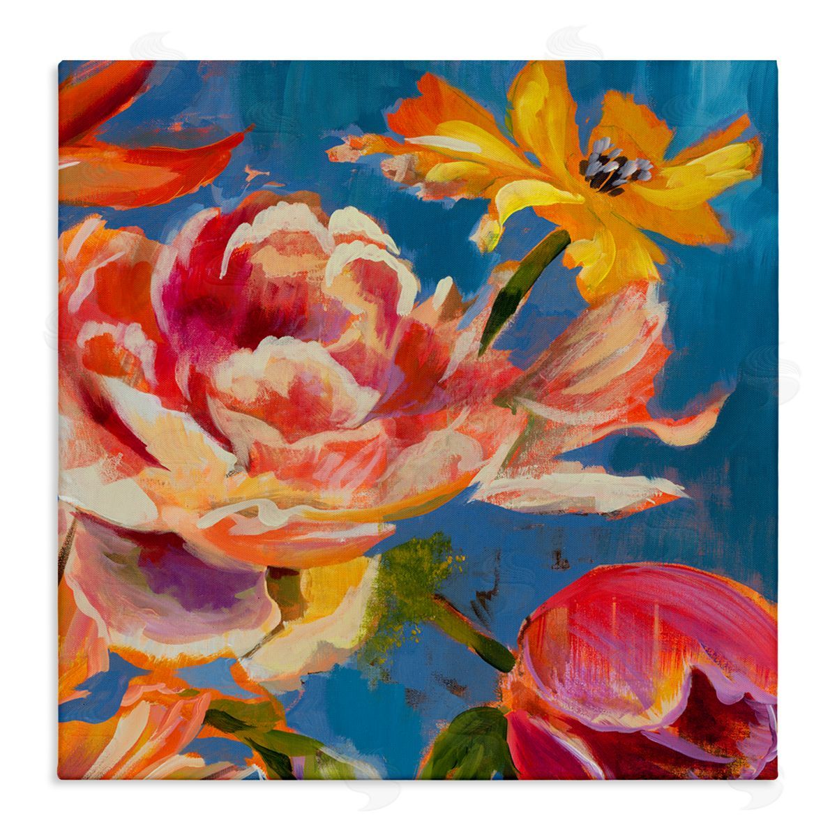 Liz Jardine Vivid Peonies on Blue Stretched Canvas Wall Art Print