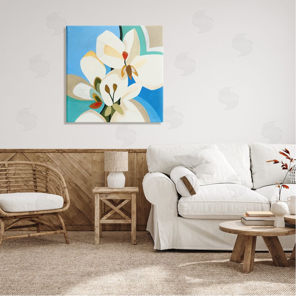 Liz Jardine Modern Blue & White Blossoms Canvas Wall Art in Room
