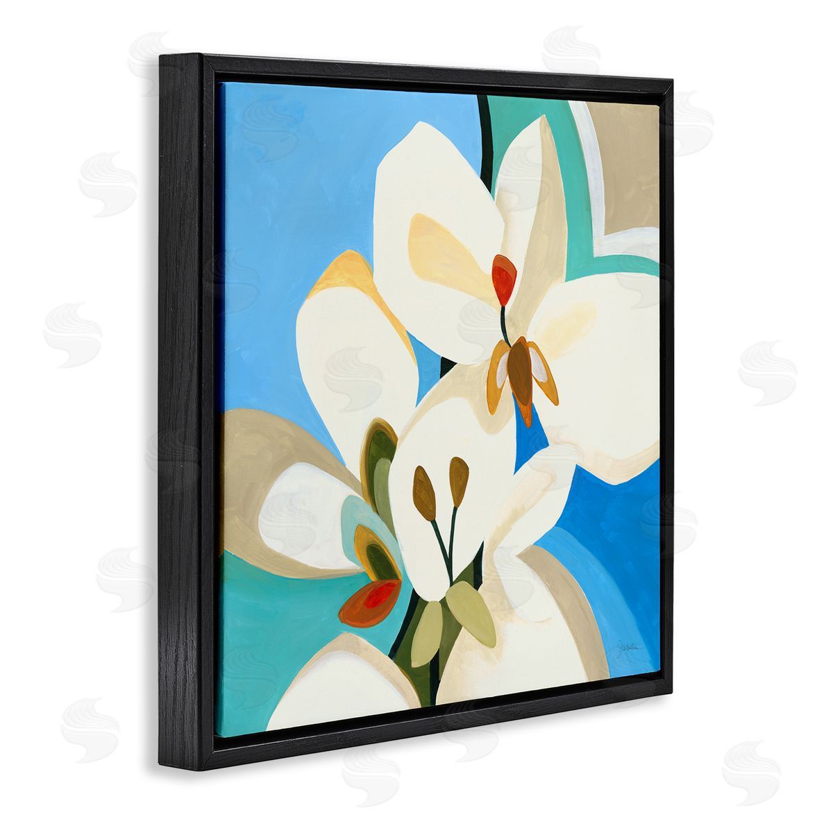 Liz Jardine Modern Blue & White Blossoms Black Floating Frame Canvas Wall Art Print