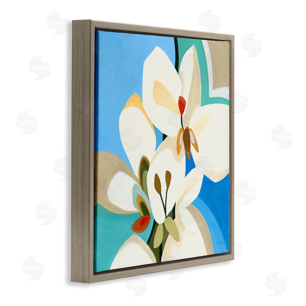 Liz Jardine Modern Blue & White Blossoms Brown Floating Frame Canvas Wall Art Print