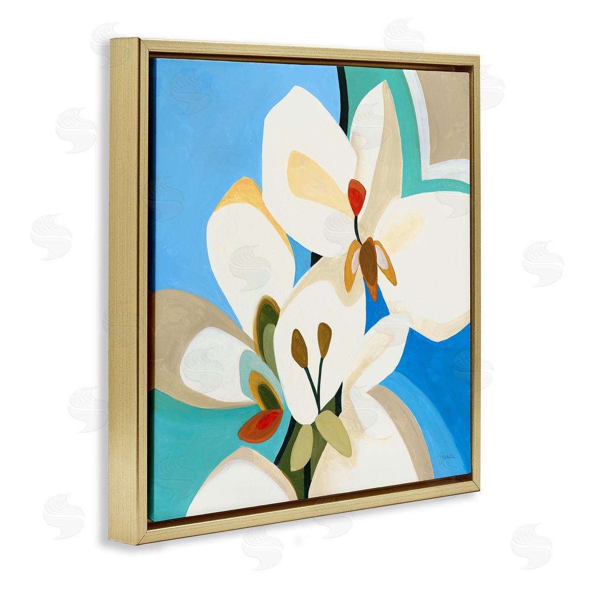 Liz Jardine Modern Blue & White Blossoms Gold Floating Frame Canvas Wall Art Print