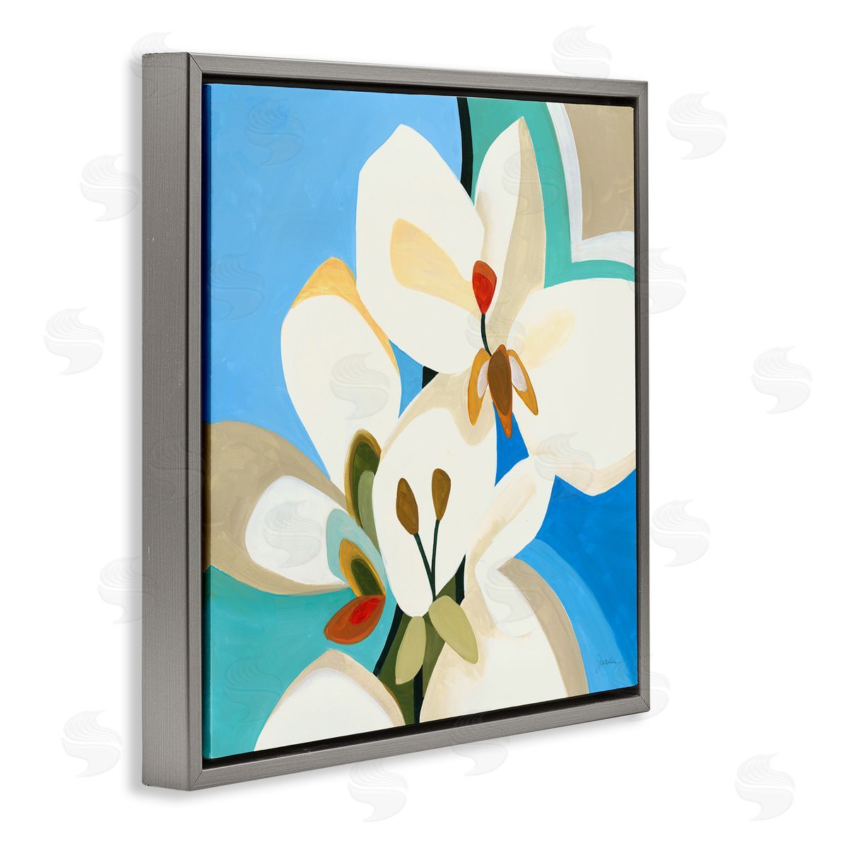 Liz Jardine Modern Blue & White Blossoms Gray Floating Frame Canvas Wall Art Print