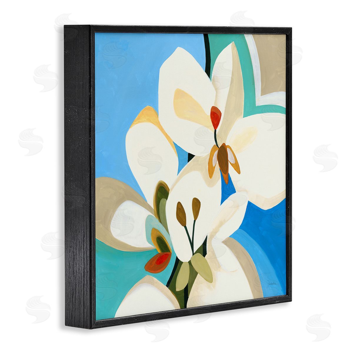 Liz Jardine Modern Blue & White Blossoms Black Framed Glicee Wall Art Print