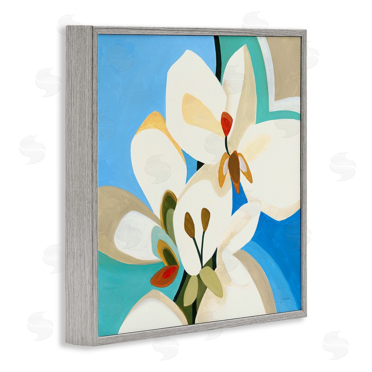 Liz Jardine Modern Blue & White Blossoms Gray Framed Glicee Wall Art Print