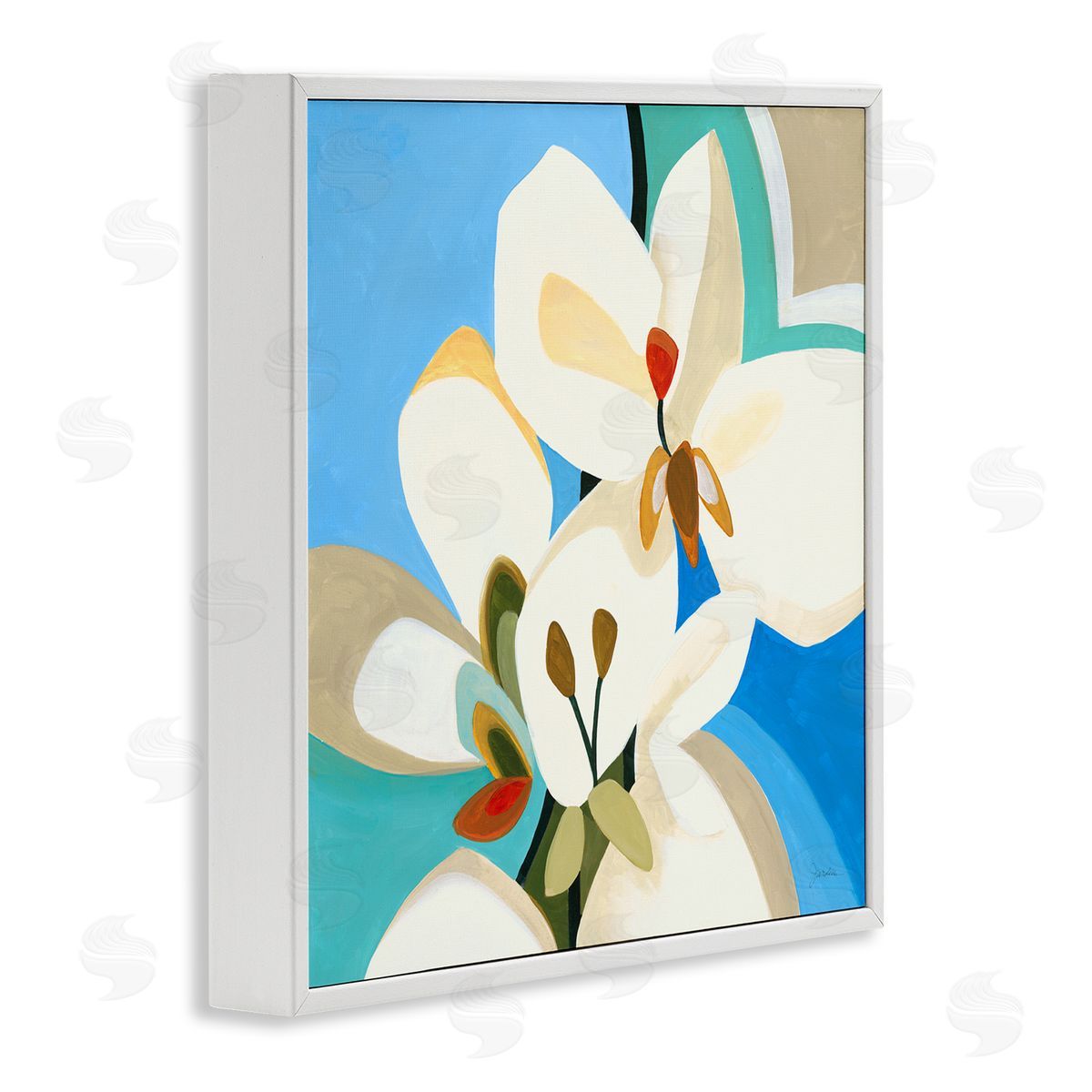 Liz Jardine Modern Blue & White Blossoms White Framed Glicee Wall Art Print