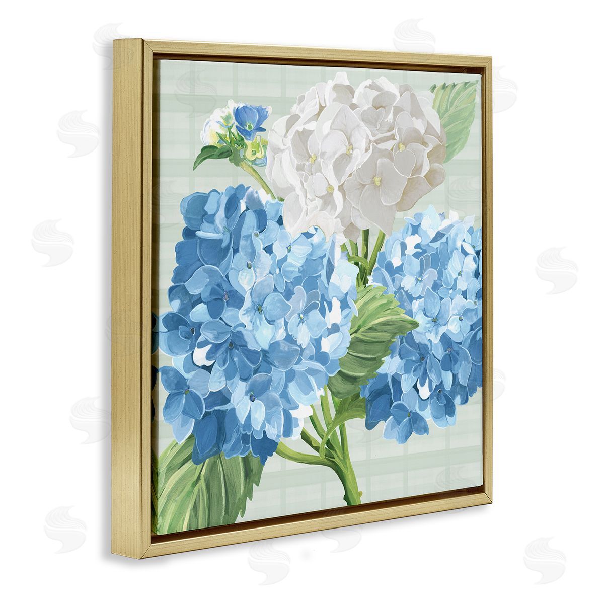 Erica Christopher Hydrangeas on Plaid Gold Floating Frame Canvas Wall Art Print