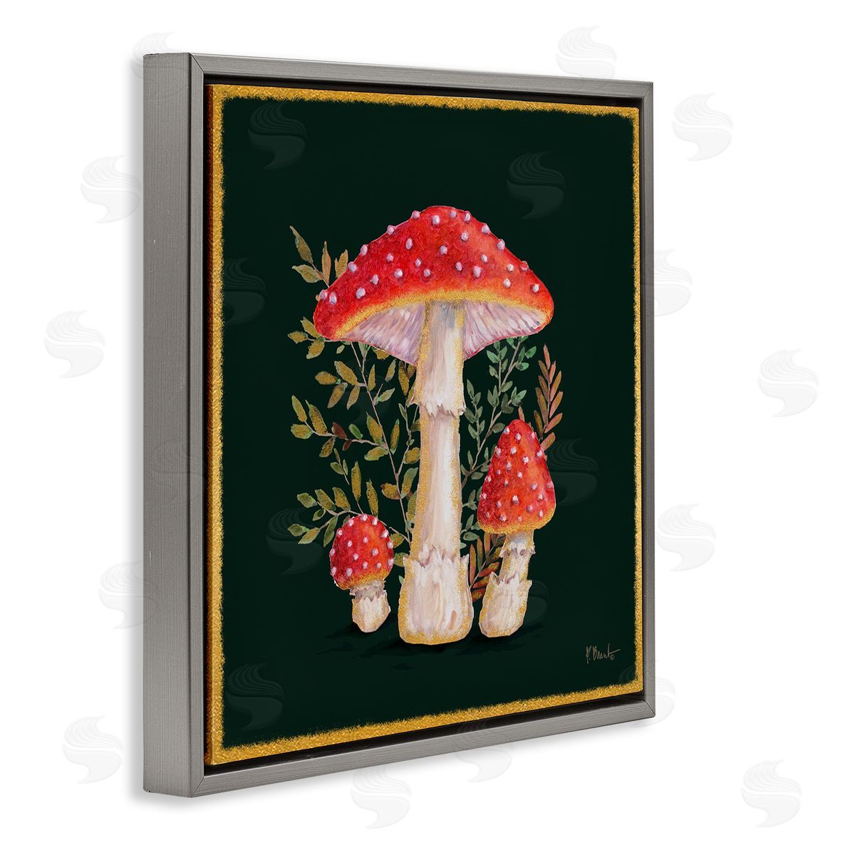 Paul Brent Red Mushrooms & Ferns Gray Floating Frame Canvas Wall Art Print