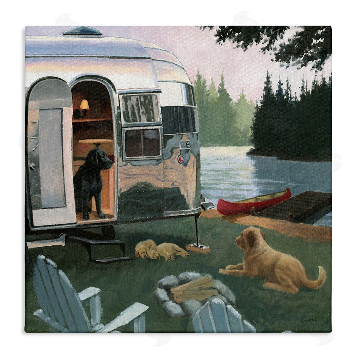 James Wiens Camping Dogs at Lake Stretched Canvas Wall Art Print