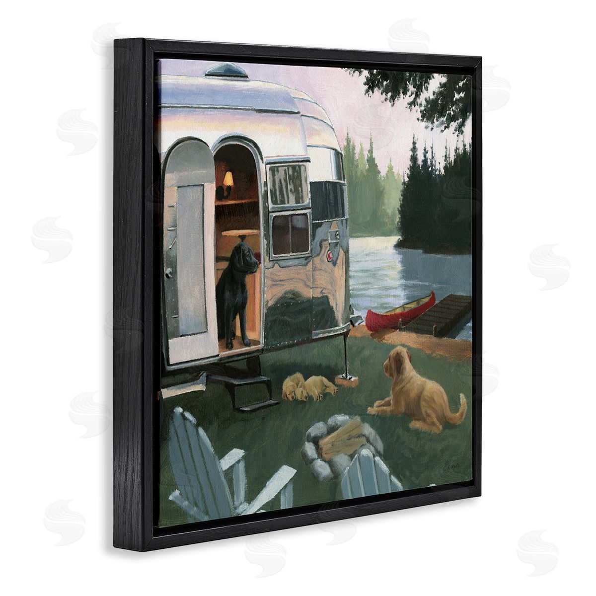 James Wiens Camping Dogs at Lake Black Floating Frame Canvas Wall Art Print