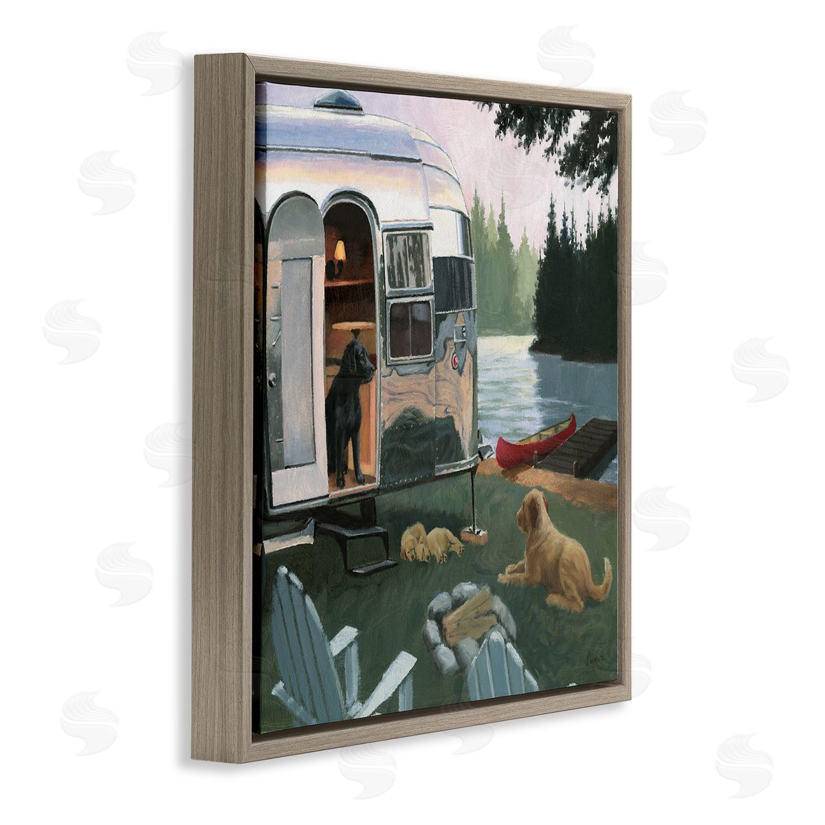 James Wiens Camping Dogs at Lake Brown Floating Frame Canvas Wall Art Print