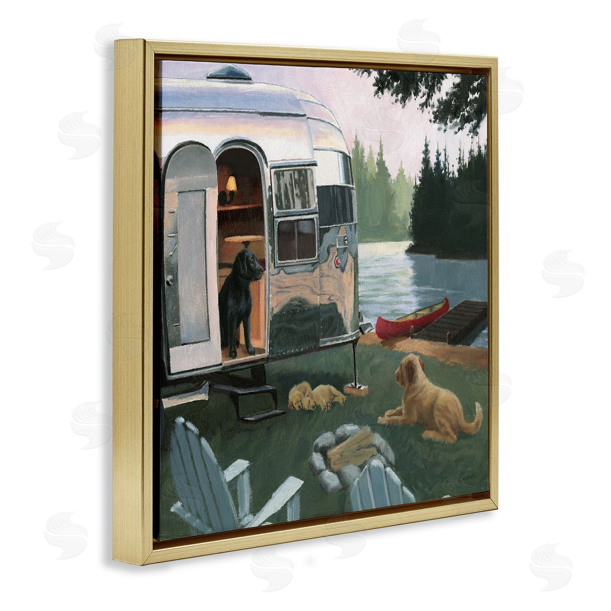 James Wiens Camping Dogs at Lake Gold Floating Frame Canvas Wall Art Print