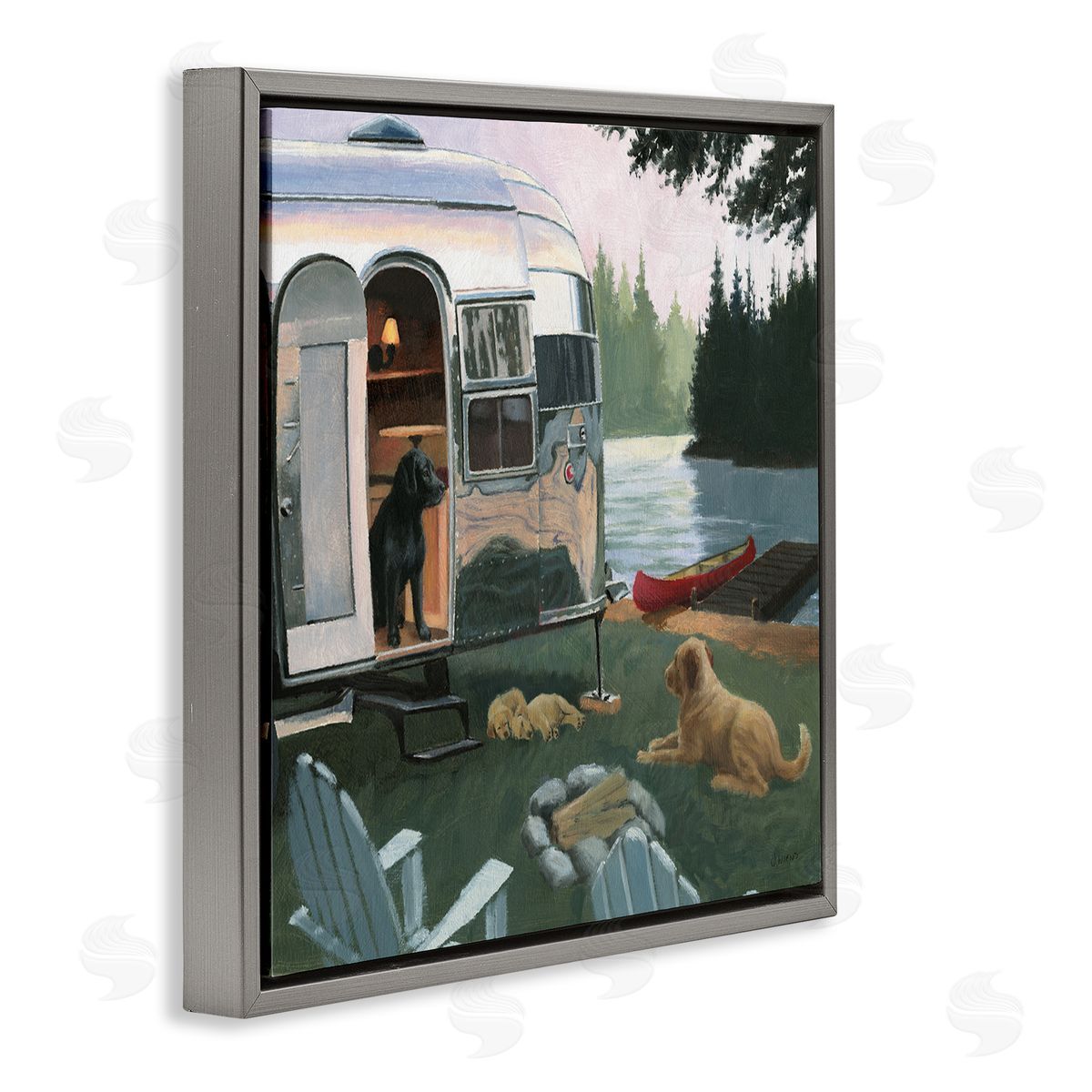 James Wiens Camping Dogs at Lake Gray Floating Frame Canvas Wall Art Print