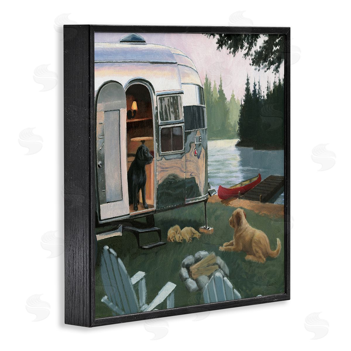 James Wiens Camping Dogs at Lake Black Framed Glicee Wall Art Print