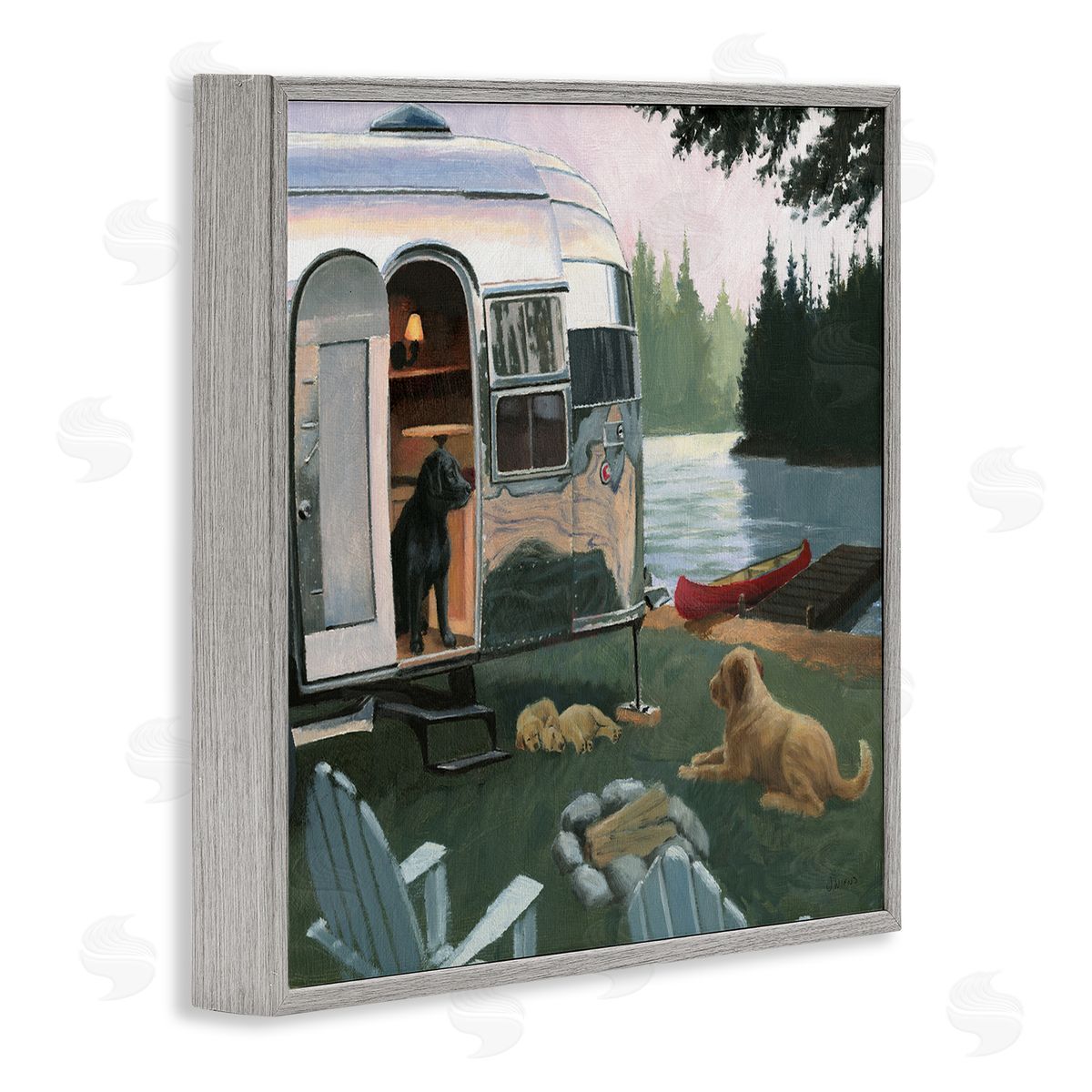 James Wiens Camping Dogs at Lake Gray Framed Glicee Wall Art Print